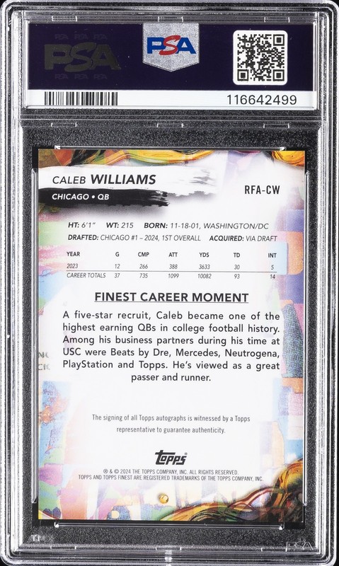 2024 TOPPS FINEST ROOKIE FINEST AUTOS #RFACW CALEB WILLIAMS PSA 9 view 2