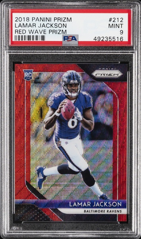 2018 PANINI PRIZM RED WAVE PRIZM #212 LAMAR JACKSON ROOKIE RC #/149 PSA 9
