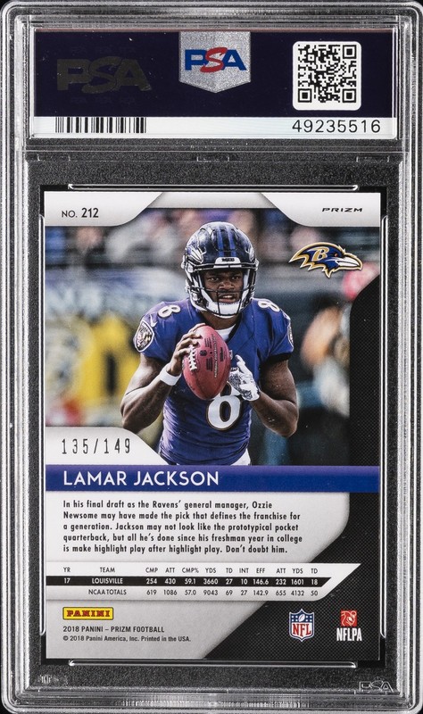 2018 PANINI PRIZM RED WAVE PRIZM #212 LAMAR JACKSON ROOKIE RC #/149 PSA 9 view 2