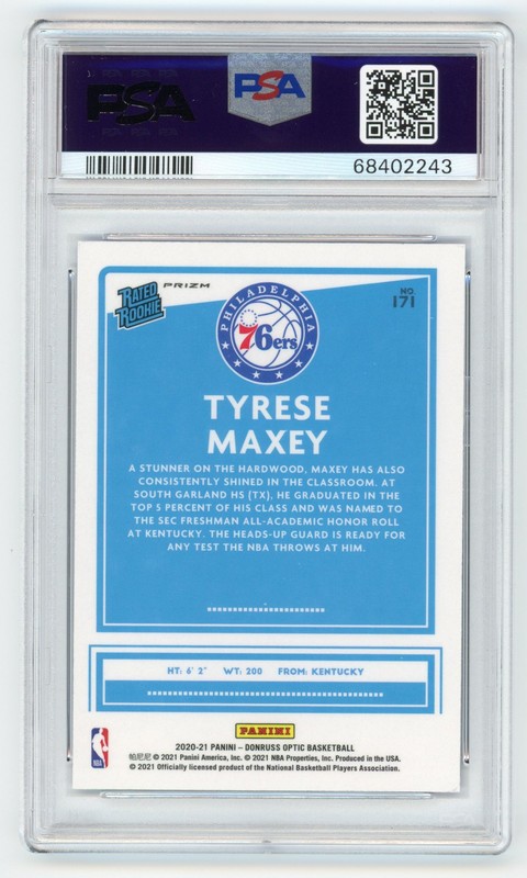 2020-21 DONRUSS OPTIC TYRESE MAXEY RC BLUE VELOCITY PSA 10 #171 ROOKIE 76ERS view 2