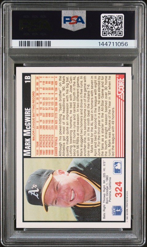 1991 SCORE #324 MARK MCGWIRE PSA 9 view 2
