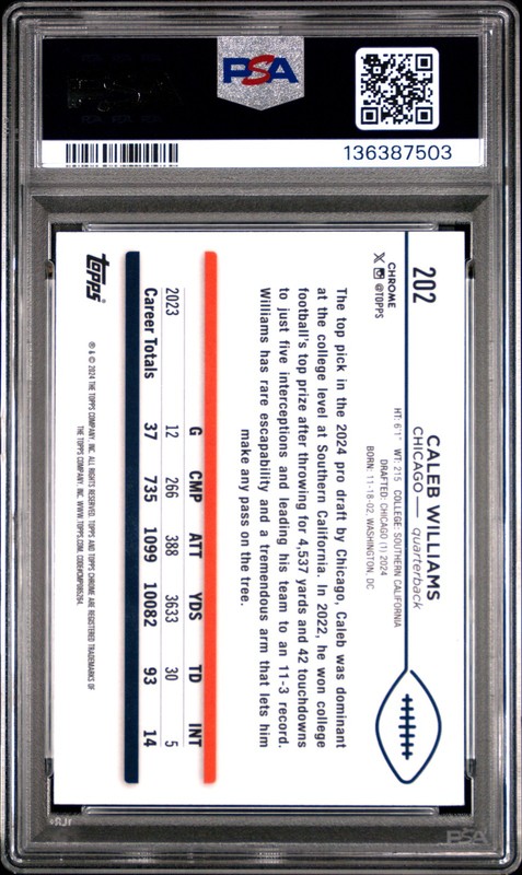 2024 TOPPS CHROME SAPPHIRE #202 CALEB WILLIAMS PSA 10 view 2