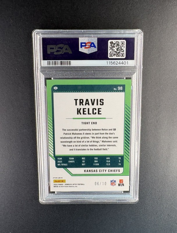 2024 Panini Donruss Optic Travis Kelce Gold Prizm /10 SSP #98 PSA 10 CHIEFS view 2
