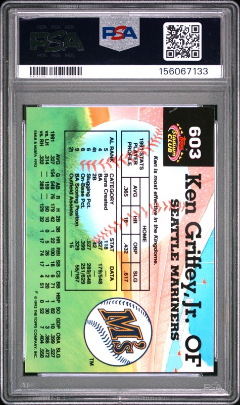 1992 TOPPS STADIUM CLUB #603 KEN GRIFFEY JR. PSA 10 view 2