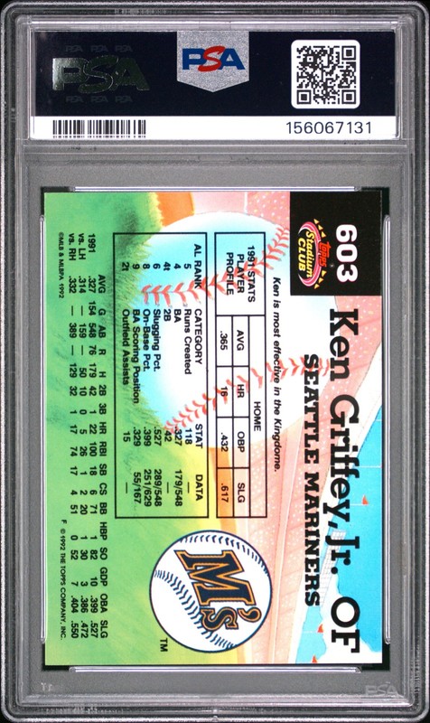 1992 TOPPS STADIUM CLUB #603 KEN GRIFFEY JR. PSA 10 view 2