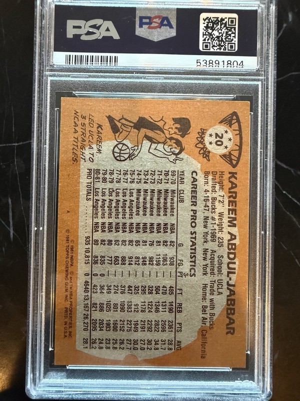 1981 Topps Basketball #20 Kareem Abdul-Jabbar Lakers HOF PSA 7 **SHARP COLOR** view 2