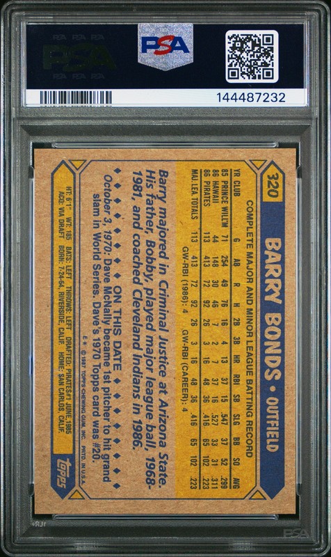 1987 TOPPS #320 BARRY BONDS ROOKIE RC PSA 8 view 2