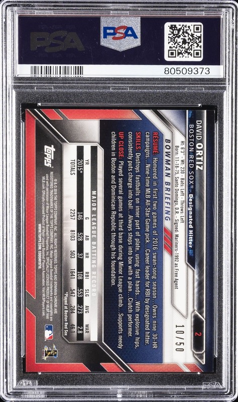 2016 BOWMAN CHROME GOLD REFRACTOR #2 DAVID ORTIZ 10/50 PSA 9 view 2