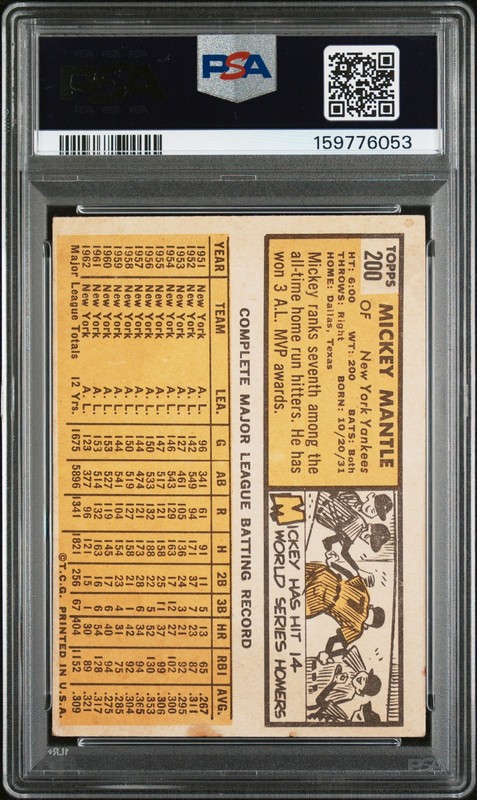 1963 TOPPS #200 MICKEY MANTLE PSA 3 view 2