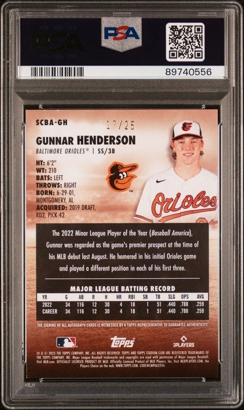 2023 Topps Stadium Club Gunnar Henderson Auto Black Foil RC #SCBA-GH #/25 PSA 8 view 2