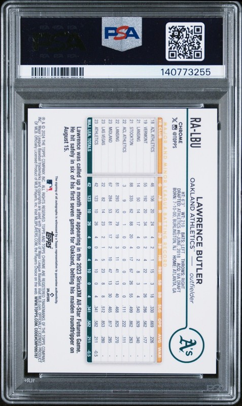 2024 Topps Update Chrome Lawrence Butler /85 Green Yellow Lava RC Auto PSA 8 SSP view 2