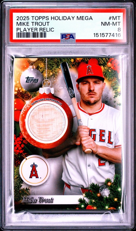 2025 TOPPS HOLIDAY MEGA PLAYER RELICS #MT MIKE TROUT PSA 8