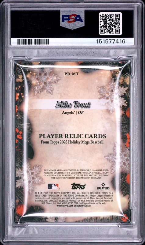2025 TOPPS HOLIDAY MEGA PLAYER RELICS #MT MIKE TROUT PSA 8 view 2