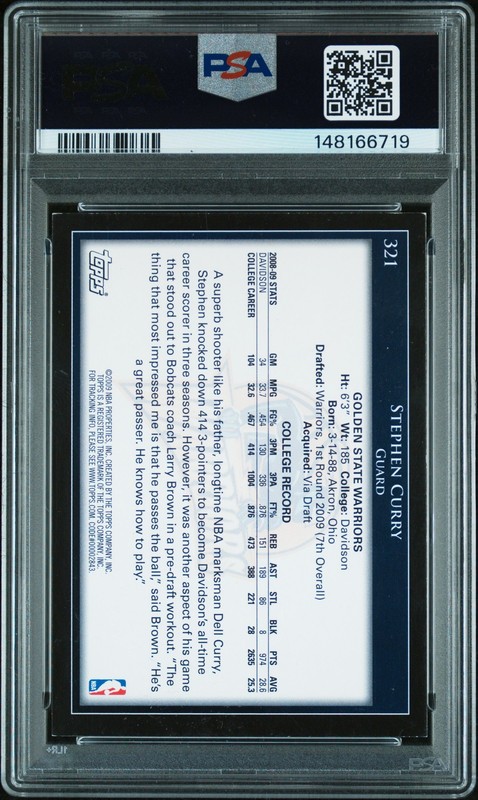 2009 TOPPS #321 STEPHEN CURRY ROOKIE RC PSA 6 view 2