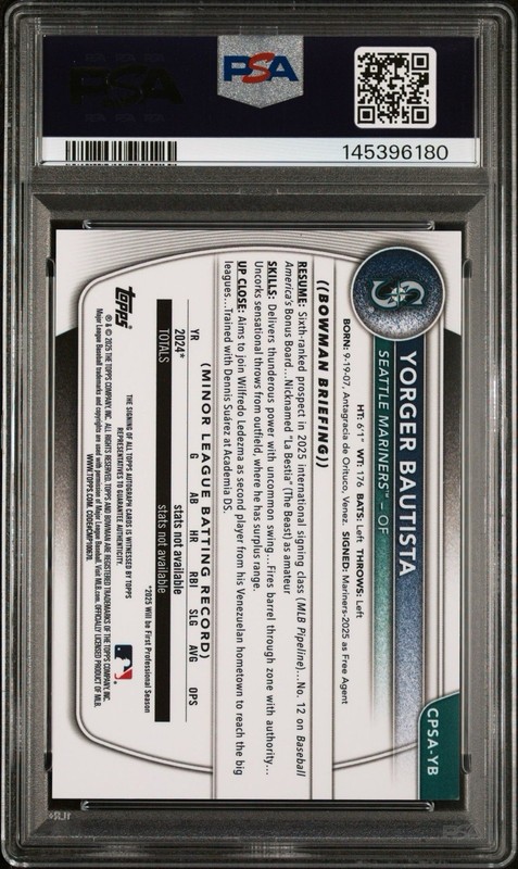 2025 Bowman Chrome S/E Yorger Bautista 1st Bowman Auto /199 PSA 9 view 2