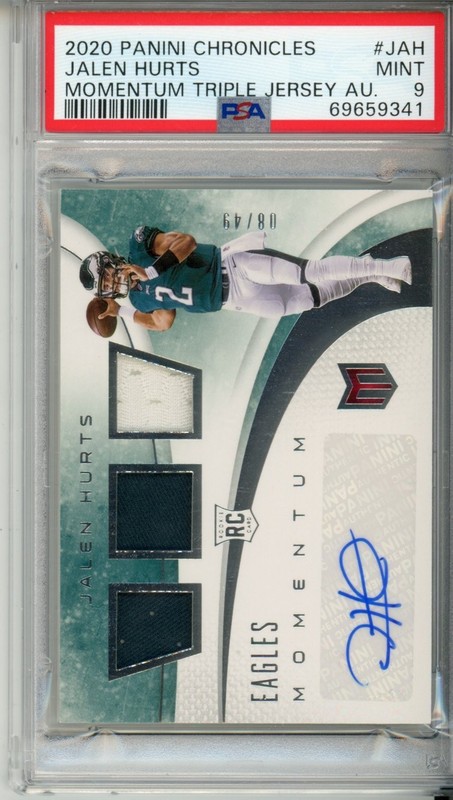 PSA 9 2020 Panini Chronicles Momentum Jalen Hurts Rookie Patch Auto /49