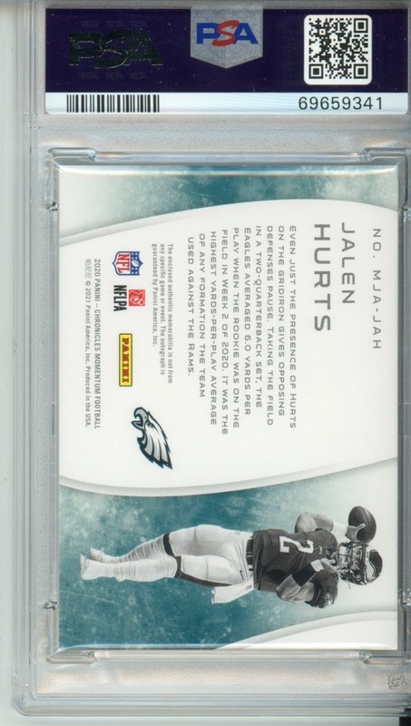 PSA 9 2020 Panini Chronicles Momentum Jalen Hurts Rookie Patch Auto /49 view 2