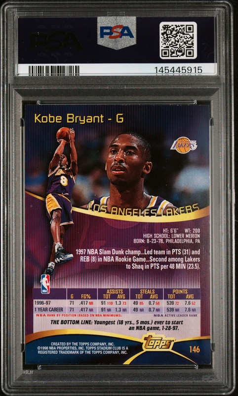 1997 STADIUM CLUB #146 KOBE BRYANT PSA 9 view 2