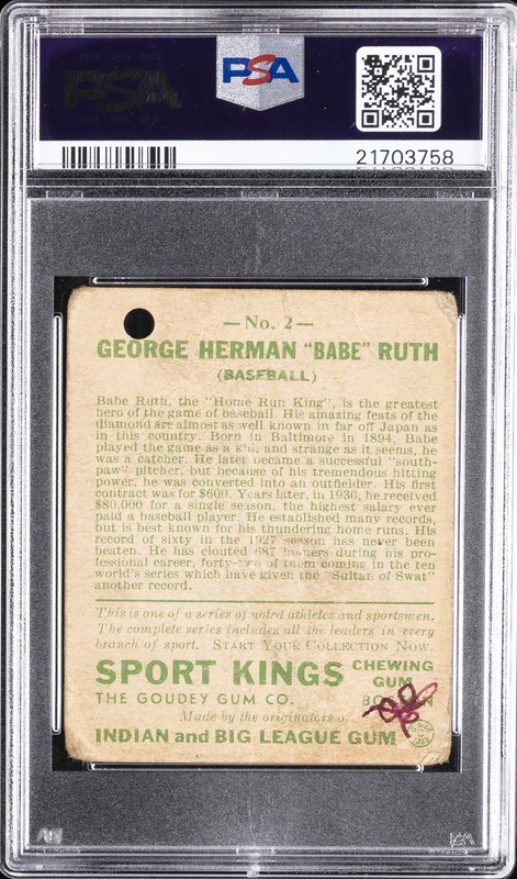 1933 SPORT KINGS BASEBALL #2 BABE RUTH PSA 1 MK view 2