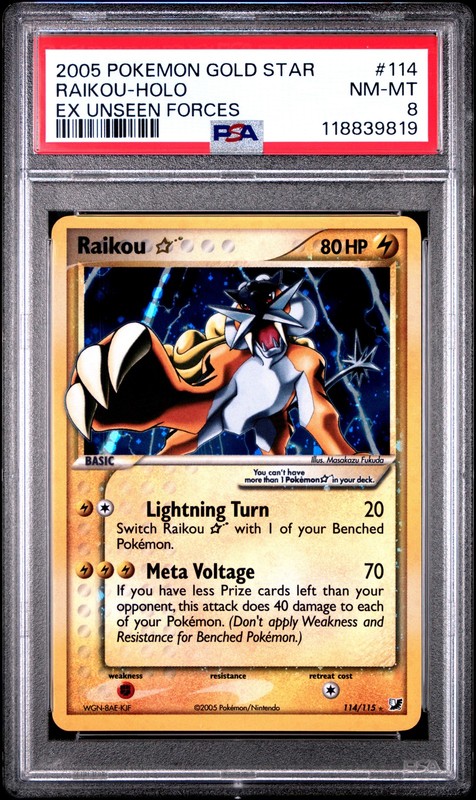 2005 POKEMON EX UNSEEN FORCES GOLD STAR #114 RAIKOU-HOLO PSA 8