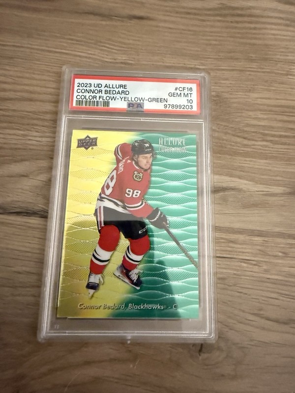2023-24 UD Allure Connor Bedard Color Flow Yellow/Green RC #CF-16 PSA 10