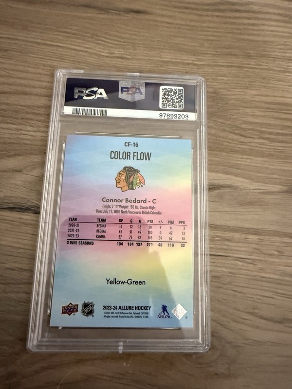 2023-24 UD Allure Connor Bedard Color Flow Yellow/Green RC #CF-16 PSA 10 view 2
