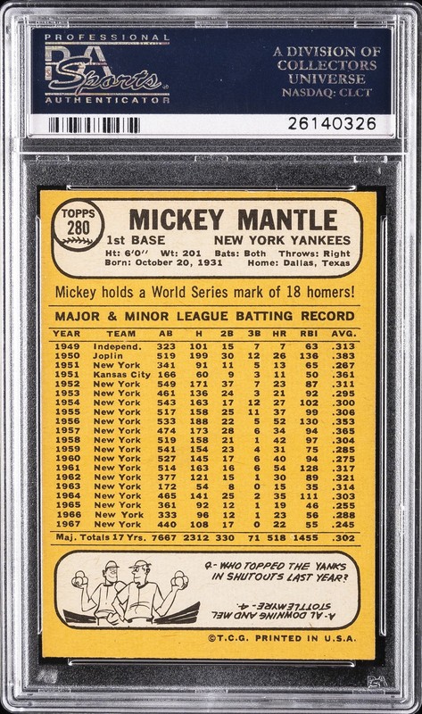 1968 TOPPS #280 MICKEY MANTLE PSA 6 view 2