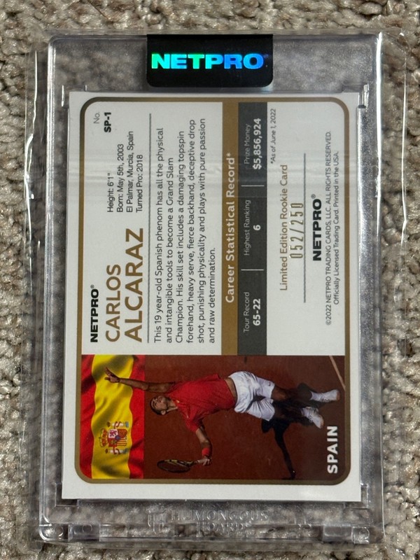 2022 NETPRO Premium Rainbow Green Shirt Carlos Alcaraz Rookie Card 52/250 RC view 2