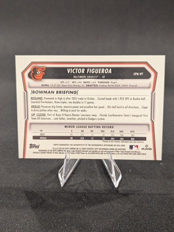2026 Bowman Chrome Victor Figueroa 1st Auto True Yellow Refractor /75 CPA-VF view 2
