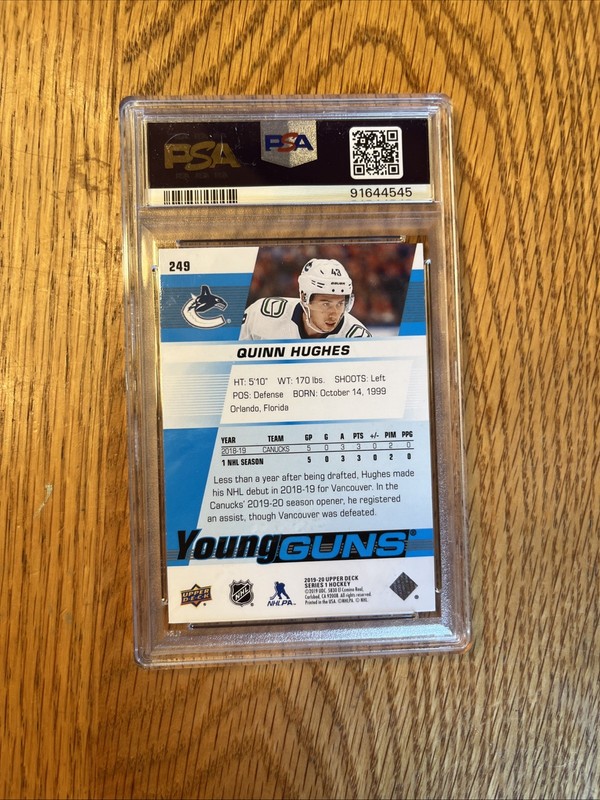 2019 Upper Deck Quinn Hughes Young Guns PSA 9 view 2