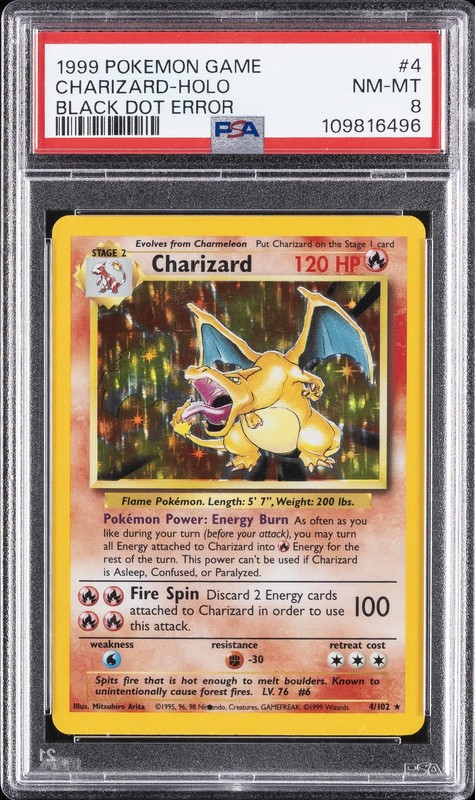 1999 POKEMON BASE SET UNLIMITED BLACK DOT ERR #4 CHARIZARD-HOLO PSA 8