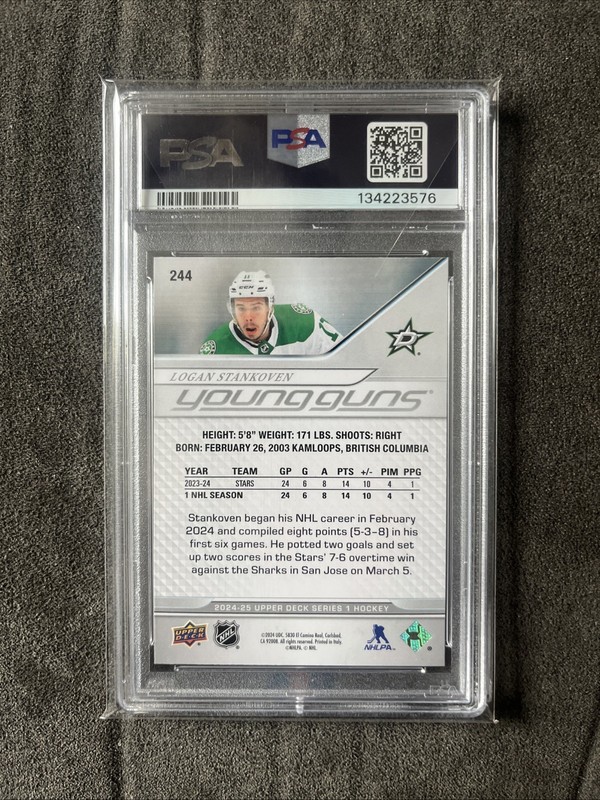 2024 UPPER DECK #244 LOGAN STANKOVEN YOUNG GUNS RC ROOKIE PSA 9 view 2