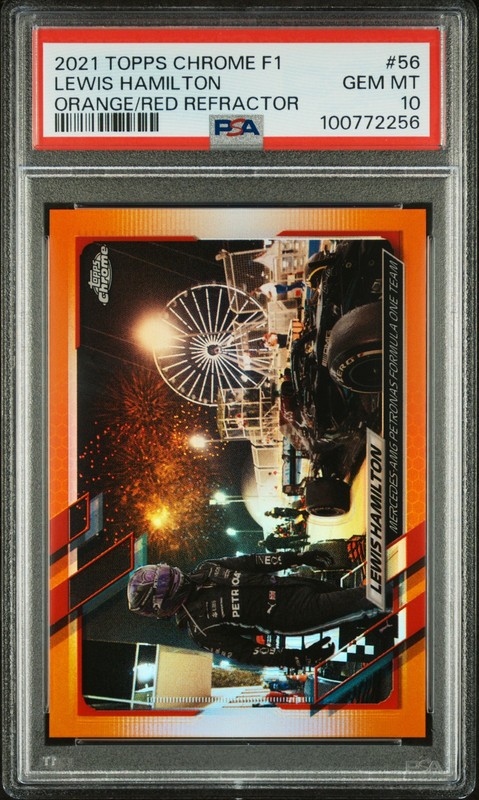 2021 TOPPS CHROME FORMULA 1 ORANGE/RED REFRACTOR #56 LEWIS HAMILTON PSA 10
