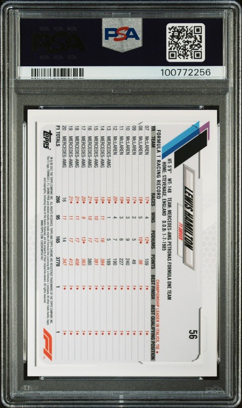 2021 TOPPS CHROME FORMULA 1 ORANGE/RED REFRACTOR #56 LEWIS HAMILTON PSA 10 view 2