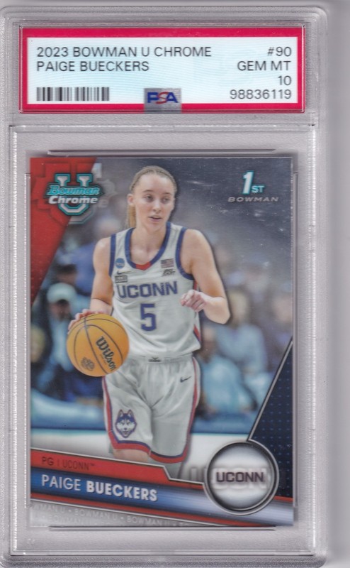 Paige Bueckers 2023 Bowman Chrome University 1st RC #90 PSA 10 Uconn Wings view 1