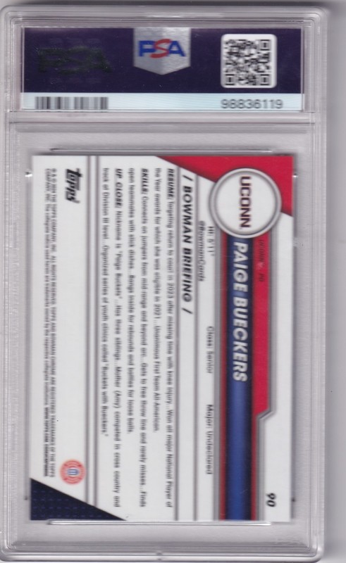 Paige Bueckers 2023 Bowman Chrome University 1st RC #90 PSA 10 Uconn Wings view 2