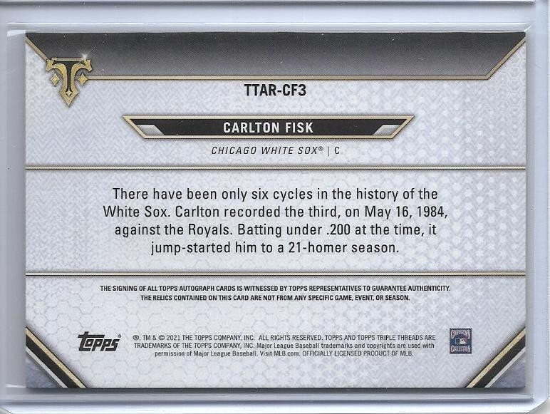 2021 TRIPLE THREADS CARLTON FISK GAME BAT SIGNED AUTO #D/27 CHICAGO WHITE SOX view 2