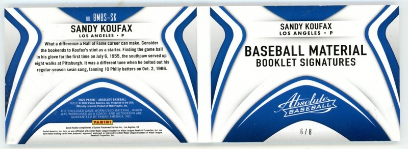 Sandy Koufax 2022 Panini Absolute Auto Booklet Game Used Patch /8 Dodgers HOF view 2