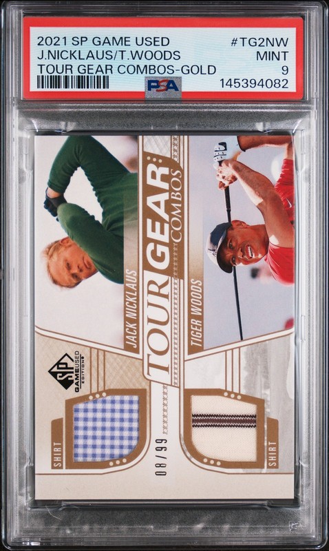 2021 SP GAME USED TOUR GEAR COMBOS GOLD JACK NICKLAUS/TIGER WOODS 8/99 PSA 9
