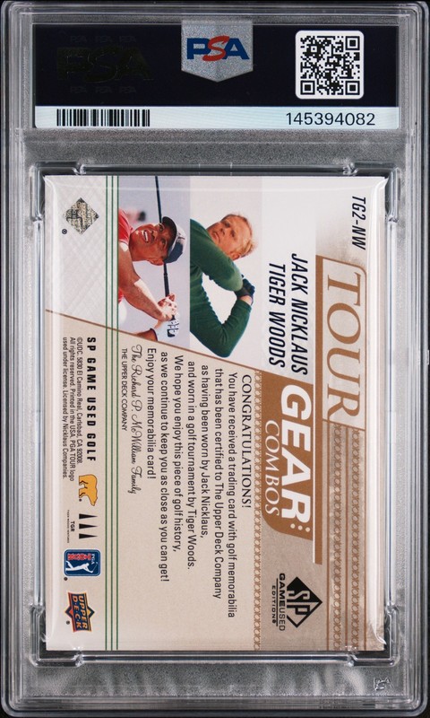 2021 SP GAME USED TOUR GEAR COMBOS GOLD JACK NICKLAUS/TIGER WOODS 8/99 PSA 9 view 2