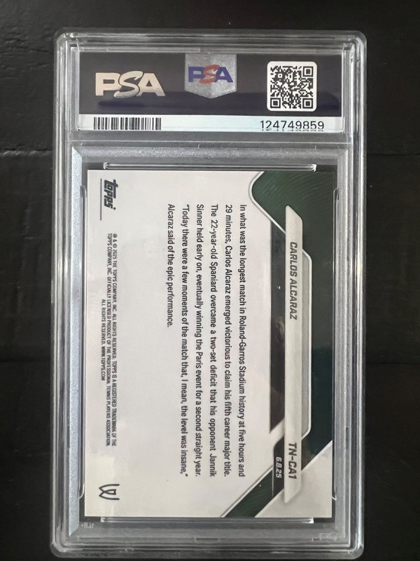 2025 Topps Now Tennis Carlos Alcaraz Paris Comeback Gold Foil 31/50 PSA 10 #CA1 view 2