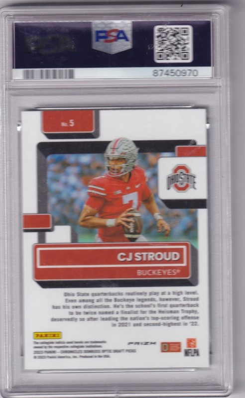 CJ Stroud 2023 Panini Chronicles Draft Optic Rated Rookie Green Prizm #5 PSA 10 view 2