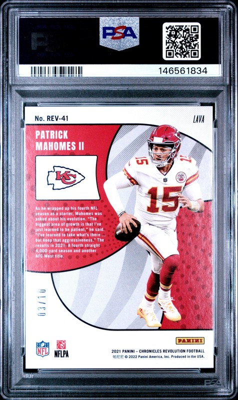 2021 PANINI CHRONICLES REVOLUTION LAVA #REV41 PATRICK MAHOMES II 3/10 PSA 10 view 2