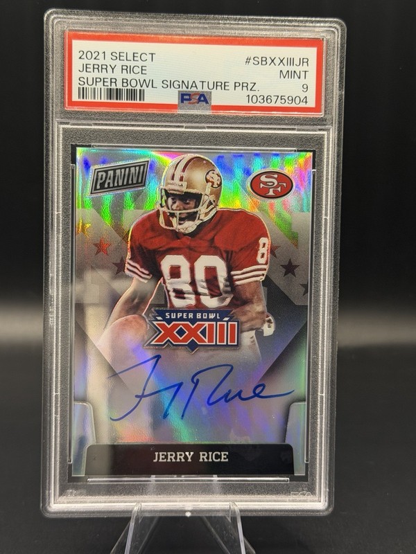 2021 PANINI SELECT SUPER BOWL SIGNATURES PRIZM #SBXXIIIJR JERRY RICE PSA 9 POP1