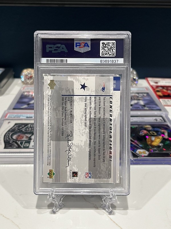 2004 UD Foundations Football Tom Brady Dual Endorsements Auto PSA 8 INVEST HOF view 2
