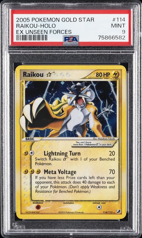 2005 POKEMON EX UNSEEN FORCES GOLD STAR #114 RAIKOU-HOLO PSA 9