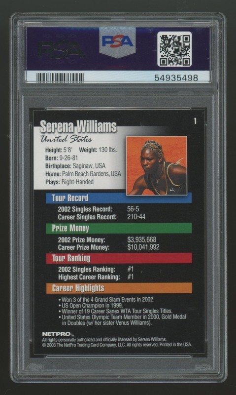 PSA 10 2003 Netpro Serena Williams #1 Rookie Card view 2