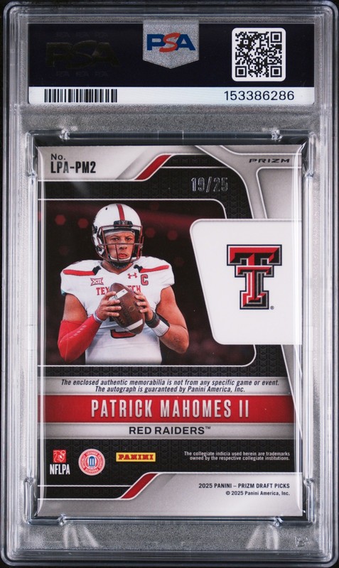2025 PANINI PRIZM DRAFT PICKS LEGENDS PATCH AUTOS PATRICK MAHOMES II 19/25 PSA 9 view 2