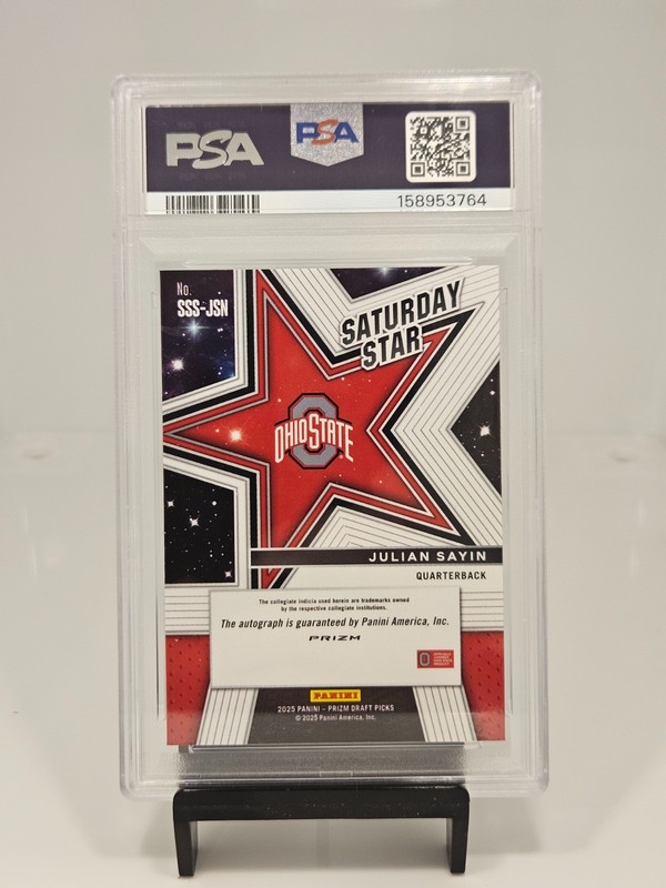 2025 Prizm Draft Picks Julian Sayin #SSS-JSN Silver Prizm Auto PSA 9 view 2
