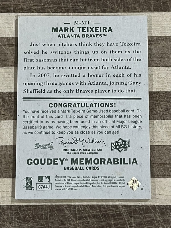 2008 Upper Deck Goudey Baseball Mark Teixeira Game Used Jersey Card #M-MT view 2